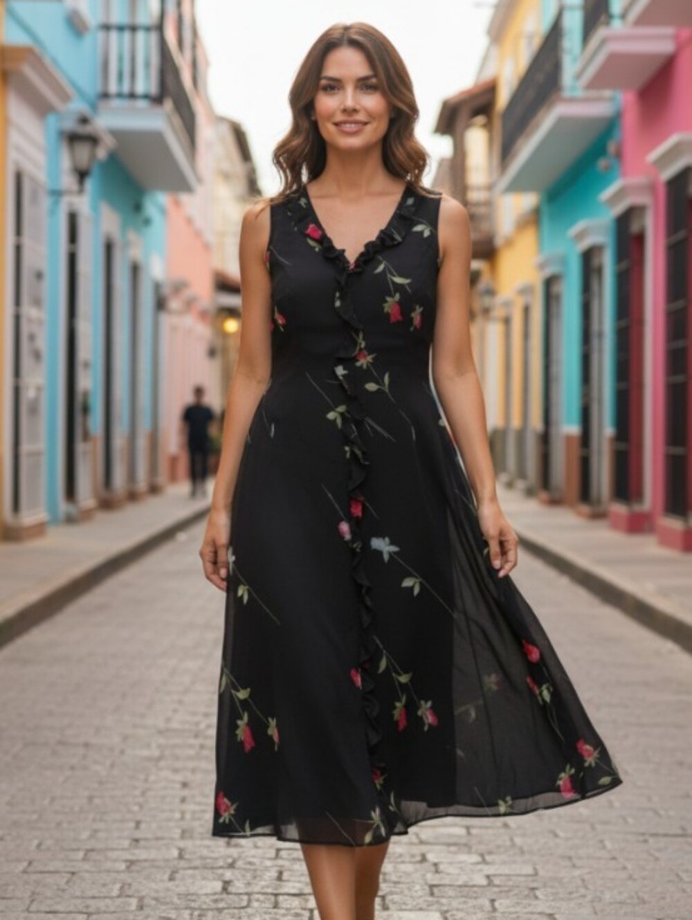 Evan Picone Black Sleeveless Midi Dress with Red & Pink Floral Print SZ 6